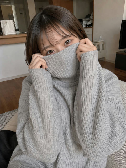 日系偶像风短发少女高领毛衣写真 - AI图片提示词示例