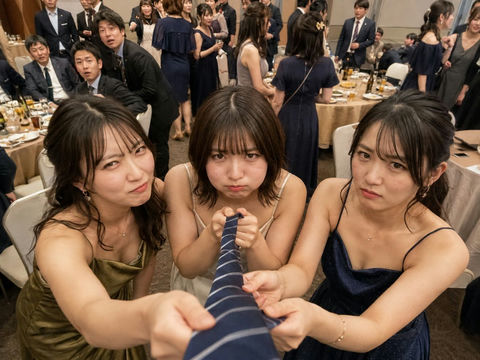 同学会三名日本女性争风吃醋拽领带抓拍 - AI图片提示词示例