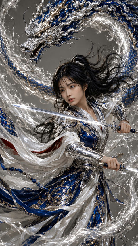 景泰蓝银甲双剑女战士与神龙 - AI图片提示词示例
