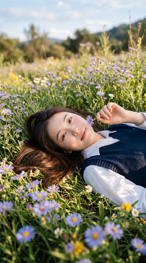 阳光草地上的东亚少女与紫色野花 - AI图片提示词示例