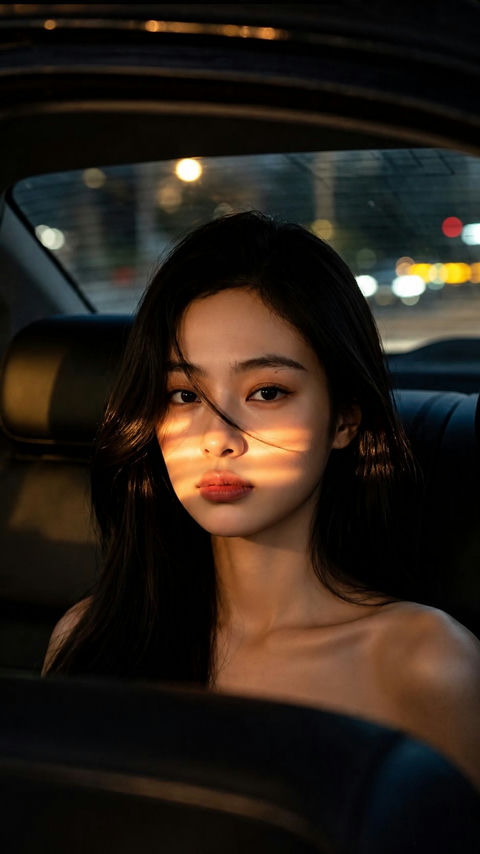 夜间车内东亚女性电影感写实人像 - AI图片提示词示例