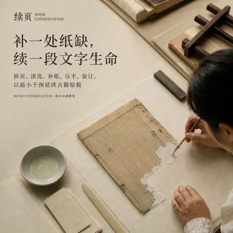 匠心续页：古籍修复技艺的品牌美学视觉 - AI图片提示词示例