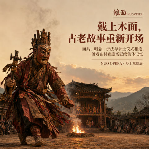 傩韵千秋：乡土剧场中的古老木面艺术 - AI图片提示词示例