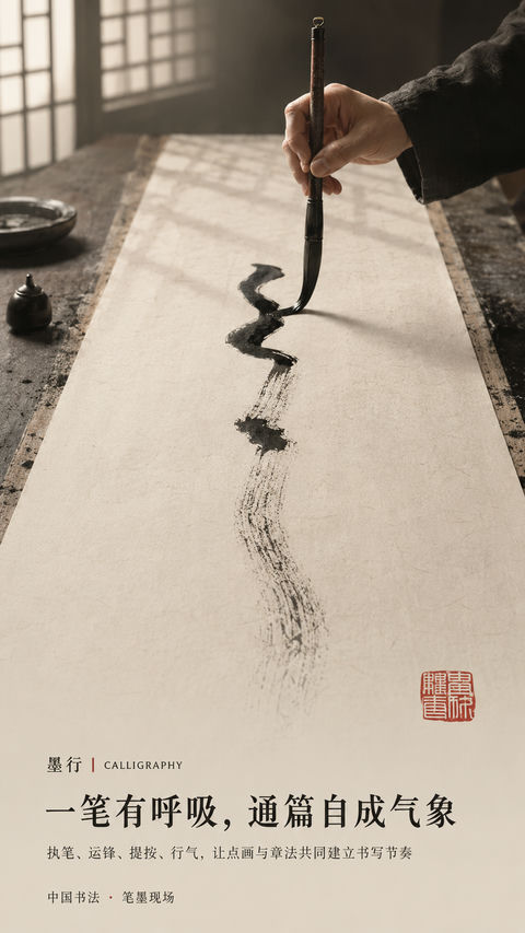 墨行书法品牌开屏视觉大片 - AI图片提示词示例