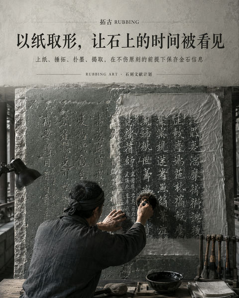 金石传拓非遗技艺品牌视觉海报 - AI图片提示词示例