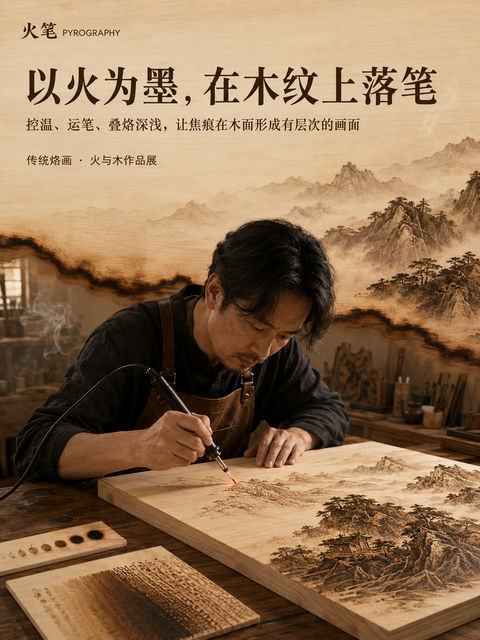 薪火传承之美：传统烙画技艺品牌视觉海报 - AI图片提示词示例