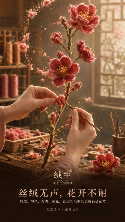 丝绒无声花开不谢南京绒花非遗之美 - AI图片提示词示例