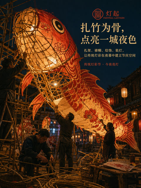 扎竹为骨点亮一城夜色：非遗灯彩海报 - AI图片提示词示例