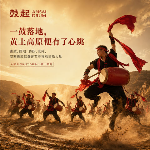 黄土高原的心跳安塞腰鼓品牌视觉 - AI图片提示词示例