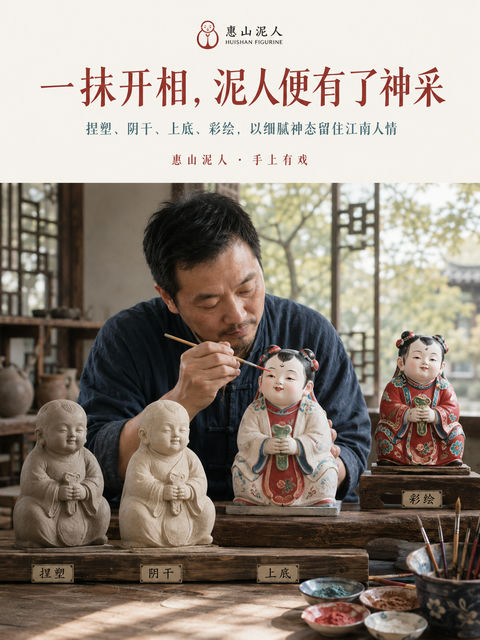匠心开相惠山泥人非遗品牌海报 - AI图片提示词示例
