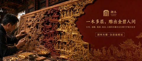 潮州木雕通雕金漆品牌视觉大屏头图 - AI图片提示词示例