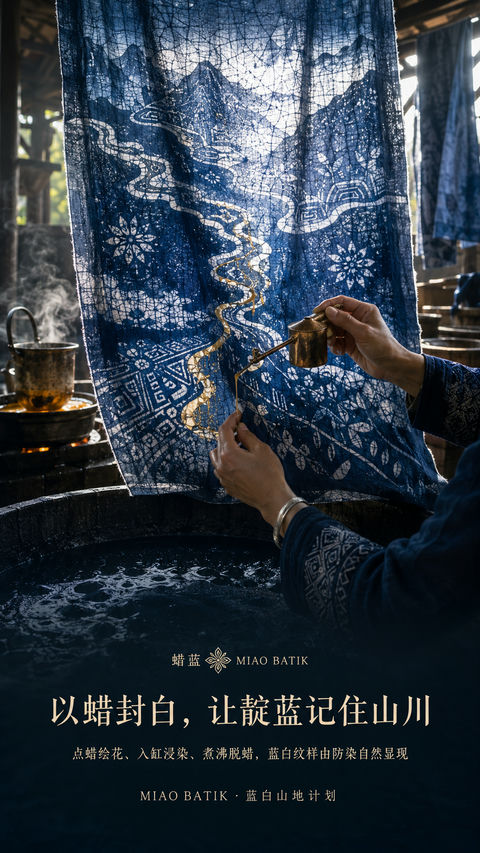 以蜡封白靛蓝山川：苗族蜡染品牌视觉 - AI图片提示词示例