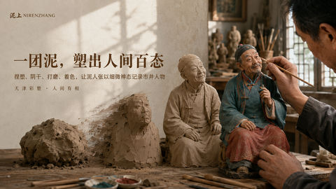 泥上生花：天津泥人张彩塑非遗品牌视觉 - AI图片提示词示例