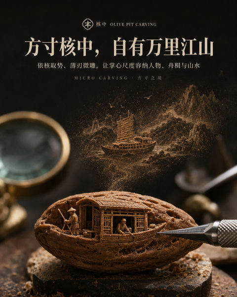 方寸核中万里江山：非遗橄榄核雕微缩艺术 - AI图片提示词示例