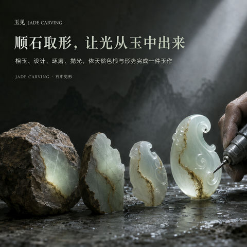 玉见匠心：顺石取形温润光感品牌视觉 - AI图片提示词示例