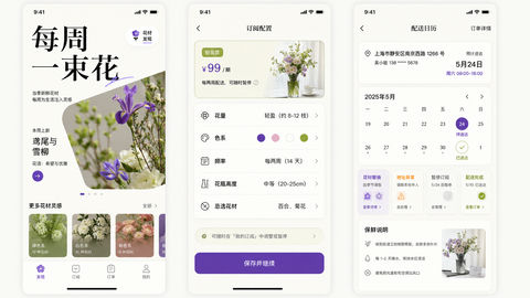 现代宋体风城市鲜花订阅小程序界面设计 - AI图片提示词示例