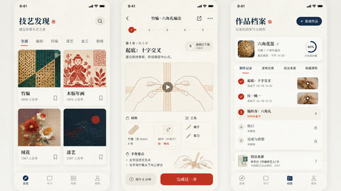 新中式非遗手工艺学习App高保真界面 - AI图片提示词示例