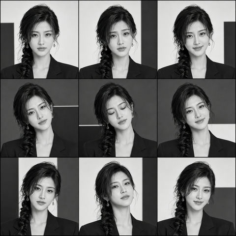 极简主义黑白九宫格职场女性情绪矩阵 - AI图片提示词示例