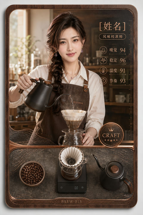 晨光下的咖啡师风味校准师职人卡 - AI图片提示词示例
