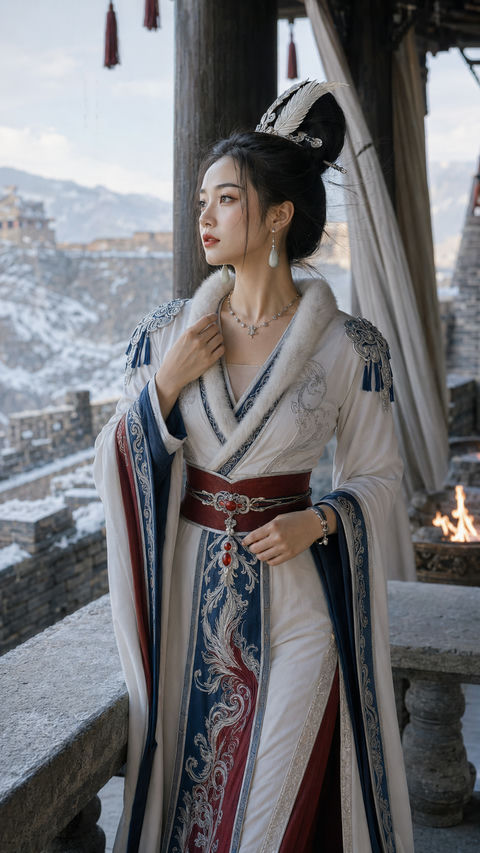 昭君出塞：雪域雄关下的绝美离别摄影 - AI图片提示词示例