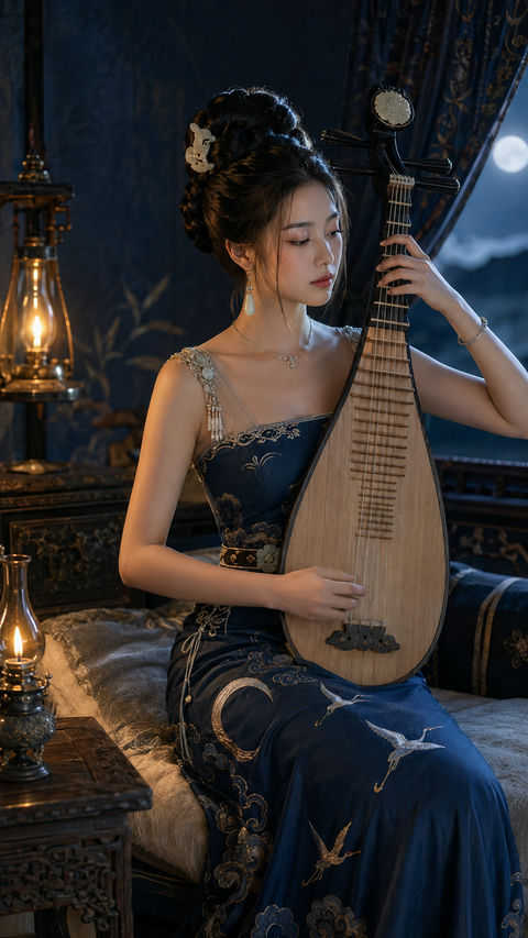 塞外月夜下轻抚琵琶的忧郁美人王昭君 - AI图片提示词示例