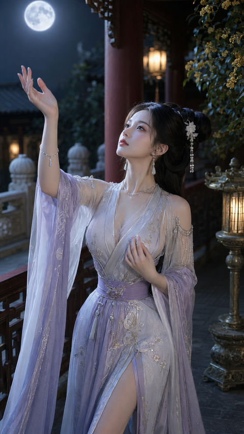 闭月羞花：绝美貂蝉深夜拜月古典人像 - AI图片提示词示例