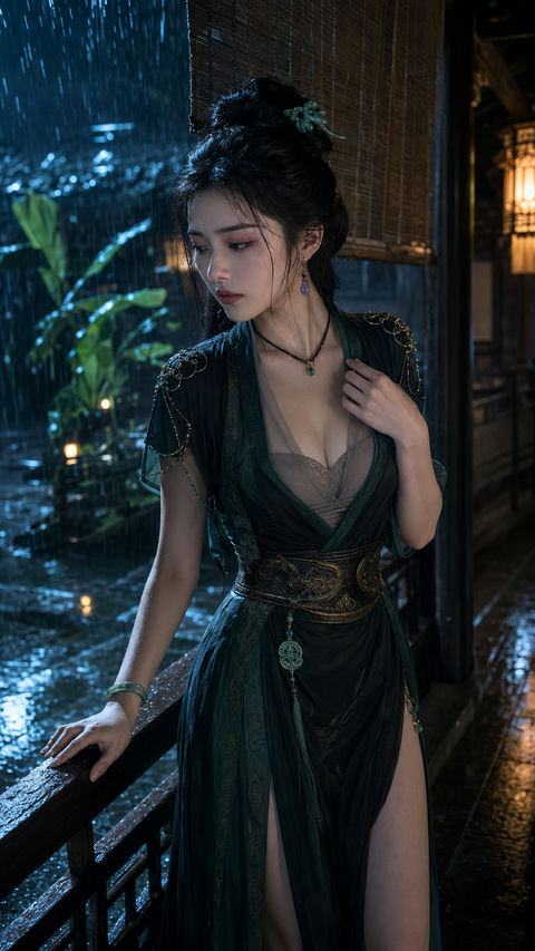 雨夜司徒府忧思中的绝代貂蝉 - AI图片提示词示例