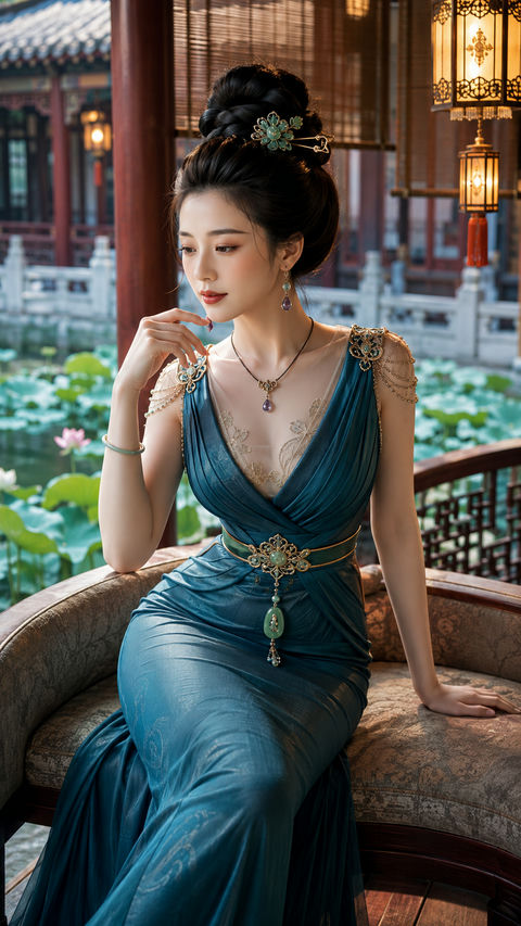 盛唐贵妃荷池水榭微醺慵懒人像 - AI图片提示词示例