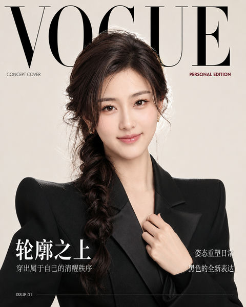 雕塑感黑色西装人像VOGUE概念封面图 - AI图片提示词示例