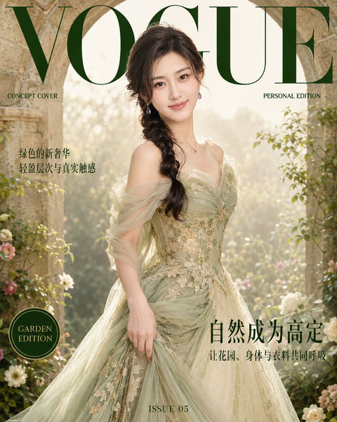 晨曦花园中的鼠尾草绿高定杂志封面 - AI图片提示词示例