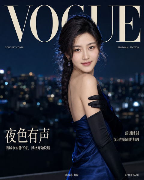 VOGUE午夜蓝调时尚杂志封面 - AI图片提示词示例