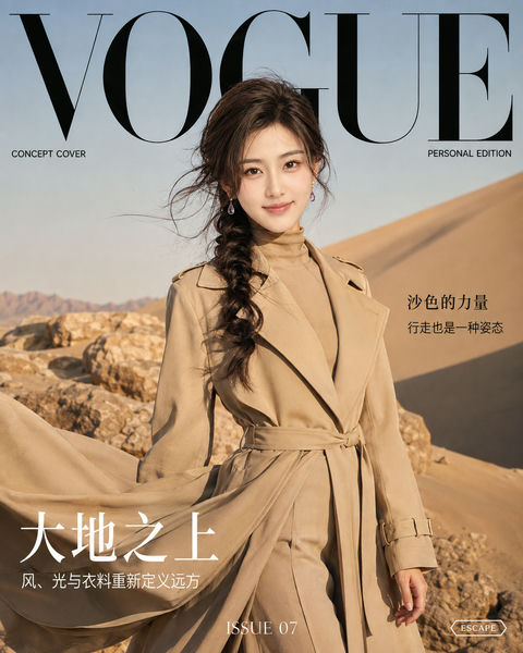 大地之上的时尚远征：VOGUE沙金旅行大片 - AI图片提示词示例