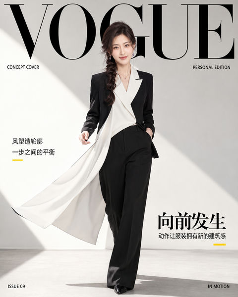 极简黑白VOGUE动态建筑感时装封面 - AI图片提示词示例