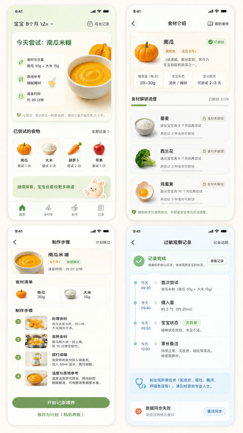治愈系鼠尾草绿婴幼儿辅食计划应用界面 - AI图片提示词示例