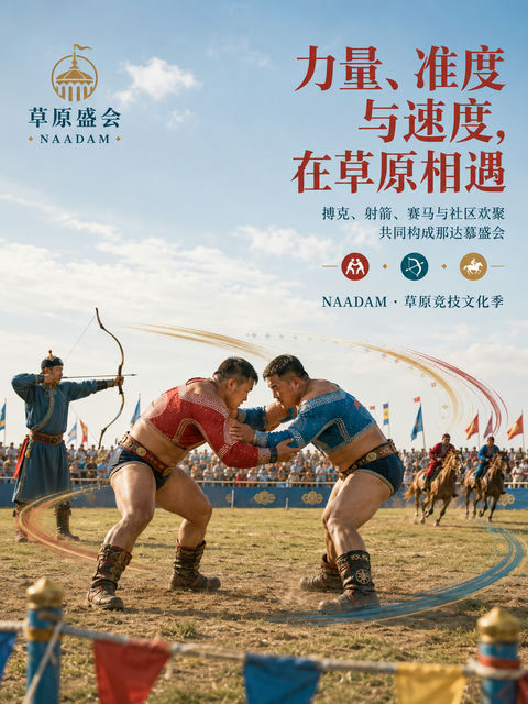 草原盛会那达慕：力量与速度的商业视觉海报 - AI图片提示词示例