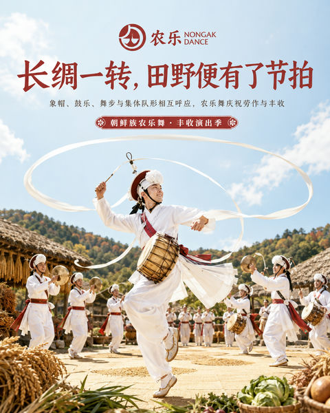 朝鲜族农乐舞长绸韵律品牌海报 - AI图片提示词示例