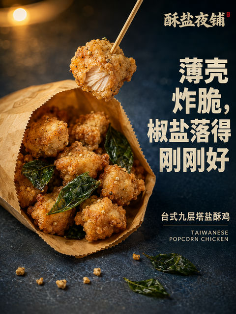 酥盐夜铺台式九层塔盐酥鸡微距海报 - AI图片提示词示例