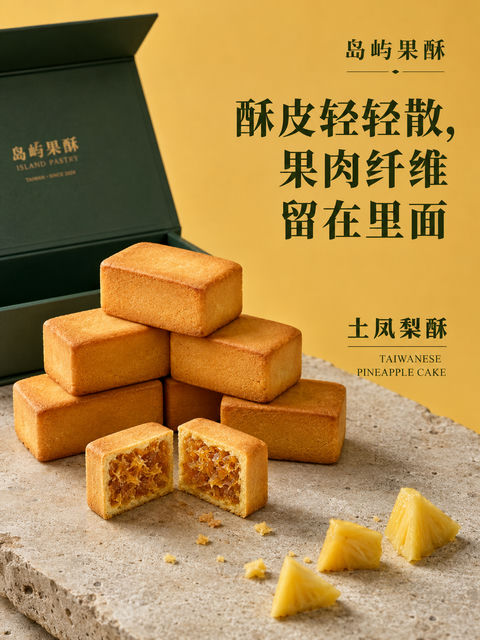岛屿果酥：金黄酥皮与真实凤梨纤维的味觉盛宴 - AI图片提示词示例