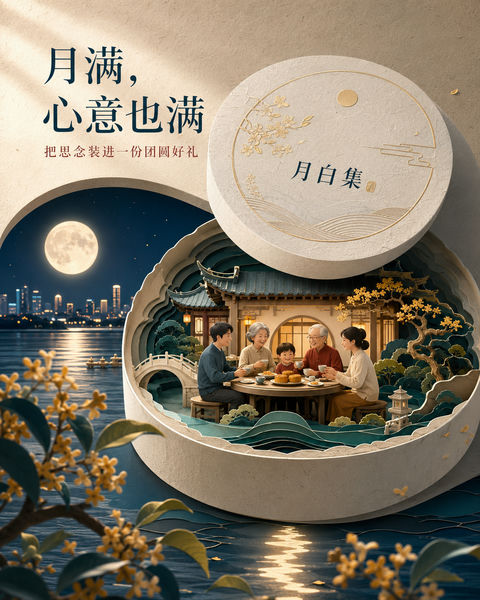 月白集：匠心分层纸雕中秋礼赠海报 - AI图片提示词示例