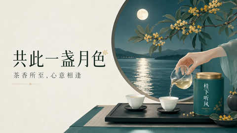 桂下听风：新工笔现代高端中秋茶礼插画 - AI图片提示词示例