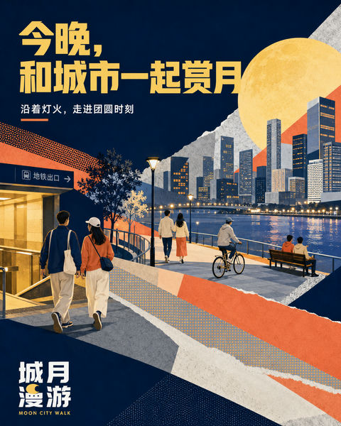 城月漫游：现代几何拼贴风中秋城市社交插画 - AI图片提示词示例