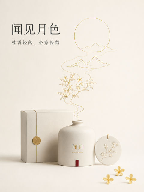 闻见月色：中秋极简线性美学香氛商业插画 - AI图片提示词示例