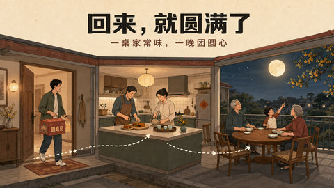 圆桌见中秋家宴剖面叙事插画 - AI图片提示词示例