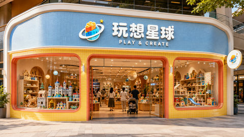 玩想星球儿童玩具店现代简约门头设计 - AI图片提示词示例