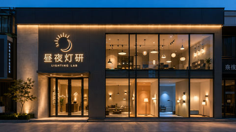 昼夜灯研现代灯具店双层挑高门头设计 - AI图片提示词示例
