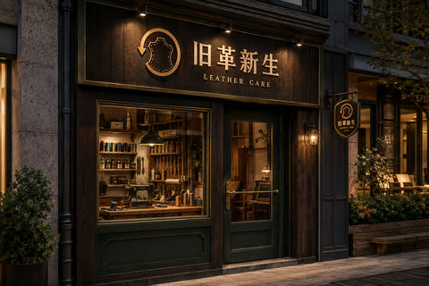 匠心独运的旧革新生皮具修护工作室门头 - AI图片提示词示例