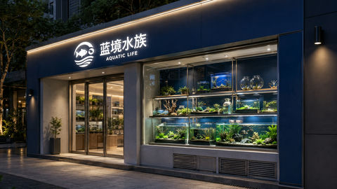 蓝境水族现代自然馆风格社区店门头设计 - AI图片提示词示例