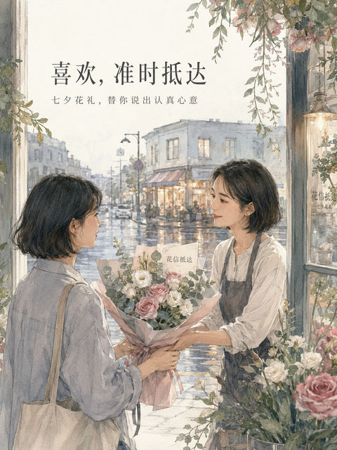 喜欢无需盛大也会准时抵达七夕花礼插画 - AI图片提示词示例