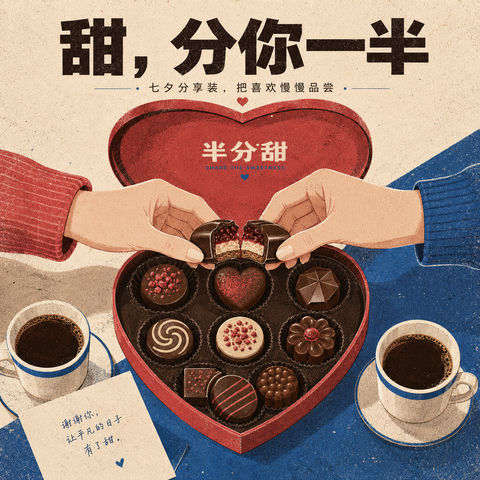 丝网版画风格半分甜七夕巧克力礼盒插画 - AI图片提示词示例