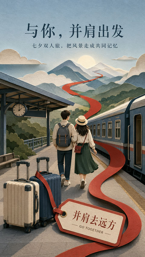 浪漫七夕并肩出发：纸雕风旅行品牌插画 - AI图片提示词示例